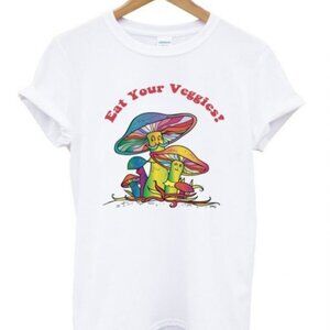 Mushroom T-Shirt Eat Your Veggies Funny Cartoon Food Graphic Retro Tee